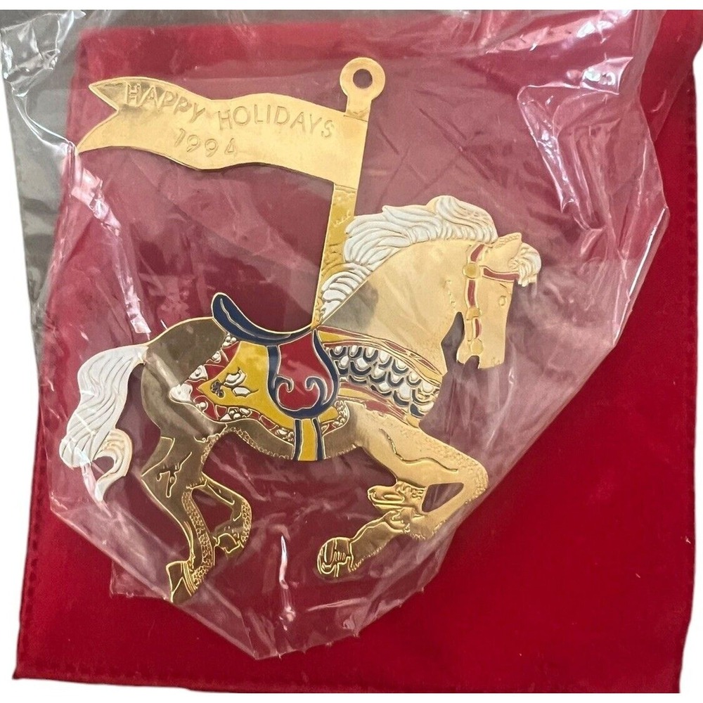 Vintage GTE Horse 1994 Metal Ornament Happy Holidays Toy Box Carousel With Pouch